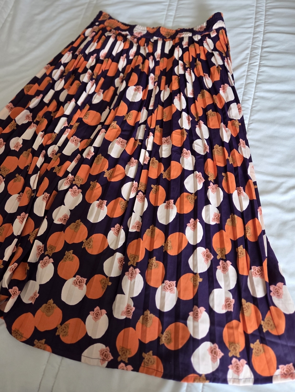 Pleated A-Line Midi Skirt in Purple with Orange & Cream Dot Print